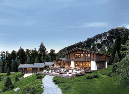 Lussuoso chalet in legno con terrazza e mobili lounge su prato verde, circondato da conifere e montagne