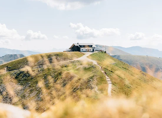 Malga su cresta erbosa con sentiero e panorama montano in estate